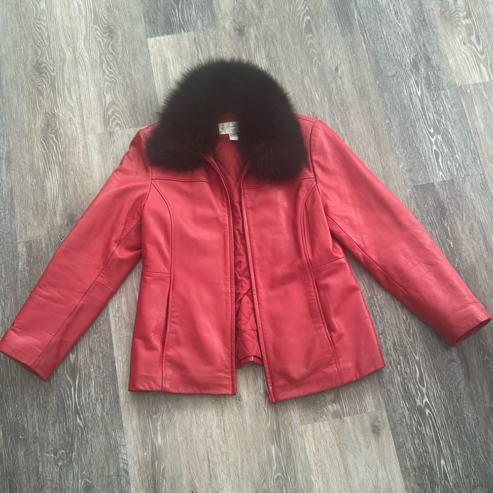 Red leather jacket let with removable black fur